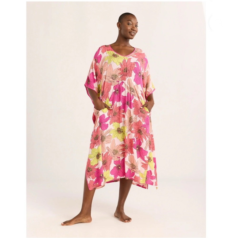 Joyspun Floral V-Neck Long Sleeve Nightgown Caftan- Pink Multi - Picture 5 of 8